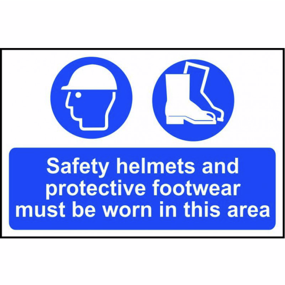 Safety helmets and protective footwear must be worn in this area' Sign - PVC - 600 x 400mm