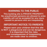 Building site Warning to public and parents' Sign - PVC - 600 x 400mm